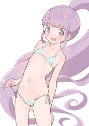  aqua_bikini bikini blunt_bangs blush breasts collarbone female flat_chest high_ponytail highres hyakumangoku_masurao leaning_to_the_side long_hair looking_at_viewer manaka_non navel open_mouth pretty_series pripara purple_hair side-tie_bikini_bottom smile solo standing stomach string_bikini swimsuit untying very_long_hair 