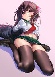  black_footwear black_jacket black_thighhighs brown_hair commentary_request crescent crescent_pin female green_sailor_collar green_skirt highres jacket kantai_collection kisaragi_(kancolle) kisaragi_kai_ni_(kancolle) loafers long_hair looking_at_viewer neckerchief panties pantyshot pink_panties purple_eyes red_neckerchief sailor_collar school_uniform serafuku shoes sitting skirt solo thighhighs underwear wariza zombie_mogura 