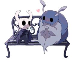  antennae_(anatomy) anthro arthropod beetle bench biped black_body black_eyes blue_body blush bretta_(hollow_knight) cloak clothing duo empty_eyes exoskeleton eye_contact featureless_feet featureless_hands feet female flower grey_body hands_together heart_symbol hi_res hk_bb hollow_knight horn insects larger_female looking_at_another love male mandibles mouthless nail_(weapon) offering_flower overweight overweight_anthro overweight_female plant simple_background sitting size_difference team_cherry the_knight_(hollow_knight) vessel_(species) weapon white_background white_body 