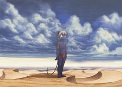  1boy armlet bodypaint closed_mouth cloud cloudy_sky colored_skin commentary_request curled_horns demon_boy demon_horns demon_tail desert fundoshi horns japanese_clothes looking_up male_focus outdoors partial_commentary pixiv_fantasia pixiv_fantasia_1 pointy_ears purple_skin red_eyes sand scenery short_hair sky solo standing tail topless_male white_hair white_horns wide_shot yukiman 