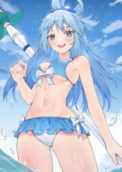  :d absurdres ai-nohikari alternate_costume aqua_(konosuba) ass_visible_through_thighs bare_arms bare_shoulders bikini bikini_skirt blue_bikini blue_eyes blue_hair blue_nails blue_sky blush bow breasts cleavage cloud commentary cowboy_shot day female groin hair_rings highres holding holding_staff kono_subarashii_sekai_ni_shukufuku_wo! large_breasts long_hair looking_at_viewer mismatched_bikini nail_polish navel open_mouth outdoors single_hair_ring sky smile solo staff standing stomach swimsuit teeth underboob upper_teeth_only wading water wet white_bikini white_bow 