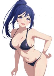  absurdres arm_behind_back armpits bikini black_bikini blue_hair blush breasts cleavage collarbone commentary_request female high_ponytail highres huet-pc large_breasts long_hair looking_at_viewer love_live! love_live!_sunshine!! matsuura_kanan navel open_mouth ponytail purple_eyes sidelocks simple_background smile solo string_bikini swimsuit upper_body water wet wet_clothes wet_swimsuit white_background 