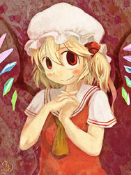  ascot blonde_hair blush closed_mouth commentary_request crystal dated female flandre_scarlet hair_between_eyes hair_ribbon hat looking_at_viewer medium_hair mob_cap one_side_up own_hands_together red_background red_eyes red_ribbon red_vest ribbon shirt short_sleeves signature smile solo touhou upper_body vest white_hat white_shirt yellow_ascot yukiman 