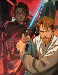  2boys anakin_skywalker animification bad_id bad_twitter_id beard black_robe blue_lightsaber brown_hair commentary debris energy_sword english_commentary facial_hair frown grey_eyes holding holding_lightsaber holding_sword holding_weapon jedi lightsaber long_sleeves looking_at_viewer male_focus moustache multiple_boys obi-wan_kenobi outdoors red_eyes red_lightsaber red_sky robe serious short_hair sith sky split_screen standing star_wars star_wars:_revenge_of_the_sith sword thisuserisalive weapon white_robe 