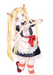  :d abigail_williams_(fate) absurdres apron black_dress blonde_hair blue_eyes bow commentary dress eyebrows_hidden_by_hair fate/grand_order fate_(series) female forehead frilled_apron frills head_tilt heart heart_hands highres long_hair puffy_short_sleeves puffy_sleeves red_bow red_footwear shoes short_sleeves simple_background smile solo striped_clothes striped_dress striped_thighhighs thighhighs twintails vertical-striped_clothes vertical-striped_dress very_long_hair waist_apron white_apron white_background yukaa 