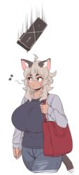  ahoge animal_ears artistic_error bag breasts clueless dark-skinned_female dark_skin denim female geforce_rtx_3090 graphics_card grey_hair handbag jeans large_breasts musical_note nvidia original pants simple_background solo tail walking white_background yana_(nekoarashi) 