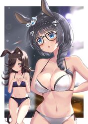  2girls :o animal_ears aqua_bra aqua_panties arms_behind_back bare_shoulders black_hair blue_bra blue_eyes blue_panties blunt_bangs blush bow bra braid breast_envy breasts brown_hair cleavage closed_mouth collarbone commentary_request cowboy_shot crown_braid cstv flat_chest frilled_bra frilled_panties frills glasses groin hair_between_eyes hair_over_one_eye hands_on_own_chest highres horse_ears horse_girl horse_tail large_breasts lens_flare light_particles long_hair looking_at_another midriff multiple_girls navel o_o open_mouth panties rice_shower_(umamusume) side_braid sidelocks standing tail umamusume underwear underwear_only white_bra white_panties zenno_rob_roy_(umamusume) 