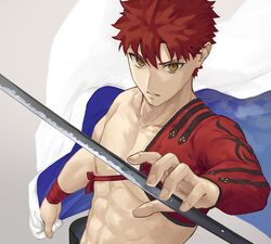  1boy brown_hair emiya_shirou fate/grand_order fate_(series) grey_background highres igote katana kouzuki_kei looking_at_viewer male_focus reaching reaching_towards_viewer red_hair senji_muramasa_(fate) simple_background solo sword toned toned_male topless_male upper_body weapon wristband yellow_eyes 