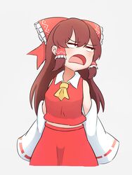  angry ascot bare_shoulders blush bow brown_hair charlotte_(anime) commentary_request cropped_legs d: detached_sleeves female ferdy&#039;s_lab grey_background hair_tubes hairbow hakurei_reimu jitome long_hair looking_away medium_hair meme midriff_peek open_mouth parody red_bow red_skirt ribbon_trim simple_background skirt skirt_set solo tomori_nao touhou white_background white_sleeves wide_sleeves yellow_ascot 