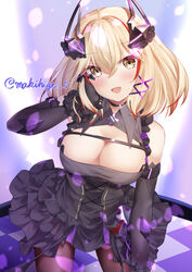  :d absurdres azur_lane bare_shoulders black_dress black_gloves blonde_hair blush breasts checkered_floor cleavage cleavage_cutout clothing_cutout commentary_request detached_sleeves dress female gloves hair_between_eyes hair_ornament hand_on_own_cheek hand_on_own_face hand_up highres horns layered_dress leaning_forward looking_at_viewer makihige medium_breasts medium_hair multicolored_hair pantyhose red_hair roon_(azur_lane) roon_(muse)_(azur_lane) signature smile solo stage stage_lights streaked_hair two-tone_hair x_hair_ornament yellow_eyes 