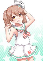  :d anchor_necklace arm_up bad_id bad_twitter_id bare_arms bare_shoulders blush brown_eyes brown_hair character_name collarbone cosplay cowboy_shot diagonal-striped_clothes diagonal-striped_neckerchief dress female fingernails gradient_background hair_between_eyes hand_up hat highres jewelry kantai_collection kirigakure_(kirigakure_tantei_jimusho) libeccio_(kancolle) libeccio_(kancolle)_(cosplay) long_hair looking_at_viewer mini_hat neckerchief necklace oerba_yun_fang open_mouth pleated_dress ribbon ryuujou_(kancolle) sailor_collar sailor_dress sleeveless sleeveless_dress smile solo star_(symbol) starry_background striped_background striped_clothes striped_neckerchief twintails white_background white_dress white_ribbon white_sailor_collar 