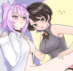  2girls :3 ahoge animal_ears aomushi_(mushamusha) black_bow black_bowtie black_choker black_hair black_panties blue_background blush bottomless bow bowtie braid cat_ears cat_girl choker closed_mouth collar flat_color green_eyes highres holding_another&#039;s_thighs hololive lace-trimmed_panties lace_trim long_sleeves looking_at_viewer looking_down medium_hair multiple_girls naked_shirt nekomata_okayu nekomata_okayu_(oversized_shirt) oozora_subaru oozora_subaru_(work) open_mouth panties purple_eyes purple_hair shirt short_hair sleeveless thighs underwear virtual_youtuber white_collar white_shirt yellow_background yuri 