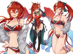  absurdres ankle_ribbon ass_visible_through_thighs bikini bird_wings bow breasts china_dress chinese_clothes cleavage_cutout clothing_cutout dress earrings elbow_gloves female gloves green_eyes hairbow highres jewelry koshian_(taiyaki) leg_ribbon leilan_(p&amp;d) multicolored_wings navel off_shoulder one_eye_closed orange_hair ponytail puzzle_&amp;_dragons ribbon sweatdrop swimsuit thigh_gap thighhighs wings 