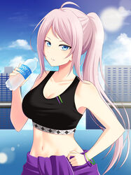  ahoge black_sports_bra blue_eyes blue_sky bottle bracelet breasts cleavage clothes_around_waist cloud collarbone day drink female hand_on_own_hip highres holding holding_bottle ichiban577 jewelry long_hair love_live! love_live!_nijigasaki_high_school_idol_club medium_breasts midriff mole mole_under_eye navel outdoors parted_lips pink_hair ponytail railing sky solo sports_bra stomach sweater sweater_around_waist very_long_hair zhong_lanzhu 