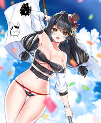  :d alternate_breast_size alternate_hair_color arm_up armpits ass_visible_through_thighs bare_shoulders belt belt_bra bikini black_bikini black_hair black_hat blurry breasts chest_belt cleavage cloud collarbone confetti cowboy_shot day depth_of_field detached_sleeves earrings elsword eve_(2nas)_(elsword) eve_(elsword) facial_mark female flag groin hat highres holding jewelry large_breasts long_hair looking_at_viewer lowleg lowleg_bikini mal_poi mini_hat moby_(elsword) multiple_belts navel open_mouth outdoors remy_(elsword) smile solo stomach strapless strapless_bikini string_bikini swimsuit thigh_gap thighs top_hat yellow_eyes 