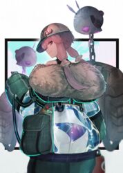  absurdres alternate_costume armor ass backpack bag bare_shoulders baseball_cap bikini bikini_under_clothes cellphone chains closed_mouth coat cowboy_shot female floating from_behind fur-trimmed_coat fur_trim green_coat hat hat_ornament highres hiiragi_mikoto holding holding_phone jacket long_sleeves looking_at_viewer looking_back off_shoulder phone pocket power_armor puffy_long_sleeves puffy_sleeves purple_bikini purple_eyes purple_hair see-through short_hair_with_long_locks sidelocks smartphone smile solo swimsuit voiceroid yuzuki_yukari 