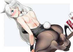  alcohol animal_ears ass back bare_shoulders black_footwear black_leotard blue_eyes blush border braid breasts brown_pantyhose closed_mouth cup drinking_glass dutch_angle embarrassed fake_tail feet female from_behind frown girls&#039;_frontline grey_background high_heels highleg highleg_leotard highres ksvk_(girls&#039;_frontline) leotard long_hair looking_at_viewer looking_back medium_breasts nakamura_rohane no_shoes nose_blush on_table outside_border pantyhose photoshop_(medium) playboy_bunny poker_chip rabbit_tail shoes shoulder_blades simple_background sitting soles solo table tail unworn_shoes very_long_hair white_border white_hair wine wine_glass wrist_cuffs 