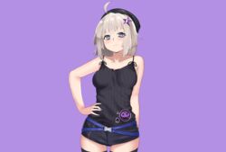  aa-12_(girls_frontline) anthro aqua_eyes boxreeema girls_frontline gray_hair hat purple short_hair shorts thighhighs zettai_ryouiki 