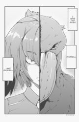  bird commentary creature_and_personification english_commentary english_text feather_hair female greyscale jitome kemono_friends medium_hair monochrome necktie shoebill shoebill_(kemono_friends) solo twitter_username tyrone 