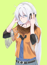  antenna_hair belt_buckle blue_eyes blue_pants blue_shirt buckle casual commentary female green_background hair_between_eyes headphones holding honkai_(series) honkai_impact_3rd irisxu2624 jacket kiana_kaslana long_hair looking_at_viewer open_mouth orange_jacket pants shirt simple_background solo teeth white_hair 