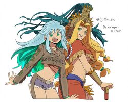  2girls :d asaya_minoru belt belt_buckle blonde_hair blue_hair blue_shorts bracelet breasts brown_belt brown_jacket buckle chin_piercing cropped_jacket cutoffs english_text fate/grand_order fate_(series) fringe_trim green_eyes green_hair jacket jewelry kukulkan_(fate) kukulkan_(first_ascension)_(fate) long_hair looking_at_viewer medium_breasts midriff multicolored_hair multiple_girls navel necklace oerba_yun_fang parted_bangs pendant quetzalcoatl_(fate) short_shorts shorts simple_background smile twitter_username two-tone_hair underboob very_long_hair white_background 