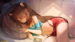  animal_ears aqua_shirt bare_shoulders blue_shirt bra_strap brown_hair cellphone closed_eyes commentary_request commission couch crop_top cropped_shirt female highres long_hair lying mixed-language_commentary nagasawa_tougo navel off-shoulder_shirt off_shoulder on_couch on_side original park_bokja parted_lips phone pixiv_commission ponytail red_shorts shirt short_shorts shorts sleeping smartphone solo squirrel_ears squirrel_girl squirrel_tail stomach tail tail_pillow thong twitter_username 