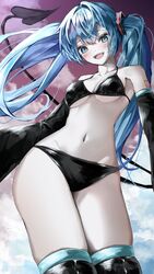  :d aqua_eyes bad_id bad_pixiv_id bare_shoulders bikini black_bikini black_thighhighs blue_hair blush breasts collarbone commentary contrapposto cowboy_shot demon_tail detached_sleeves female hatsune_miku highres long_hair long_sleeves medium_breasts navel open_mouth outdoors purple_sky shirubaa sky smile solo stomach swimsuit tail thighhighs thighs twintails underboob very_long_hair vocaloid 