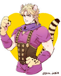  1boy animal_ear_fluff animal_ears animal_hands blonde_hair commentary_request dio_brando ear_birthmark fangs grm_jogio highres jojo_no_kimyou_na_bouken male_focus mole mole_on_ear monster_boy muscular muscular_male phantom_blood purple_scarf scarf short_hair solo suspenders tail yellow_eyes 