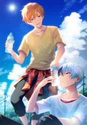  2boys aoyagi_touya bandages blue_hair bottle closed_eyes commentary_request highres lamppost male_focus multicolored_hair multiple_boys offtoon12 open_mouth orange_hair outdoors pants project_sekai purple_hair shinonome_akito shirt short_hair sky smile split-color_hair sun t-shirt tree two-tone_hair white_shirt yellow_shirt 