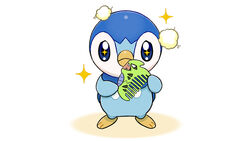  blue_eyes closed_mouth comb commentary_request holding holding_comb looking_at_viewer no_humans official_art piplup pokemon pokemon_(creature) project_pochama solo sparkle sparkling_eyes standing toes white_background 