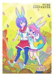  2girls animal_ears bad_id bad_pixiv_id barefoot biting biting_arm blue_eyes blue_neckerchief blush_stickers border commentary dress empty_eyes episode_number episode_title even_(ibun) flip_flappers flower hair_flower hair_ornament hairband highres kokomine_cocona long_hair looking_at_another multiple_girls neckerchief open_mouth orange_eyes pantyhose papika_(flip_flappers) photoshop_(medium) pink_hair purple_hair rabbit_ears rabbit_tail sailor_collar school_uniform serafuku shoes skirt standing tail tt-392 white_border 