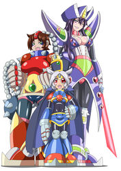  3girls agile_(mega_man) armor ball_and_chain_(weapon) blush breasts brown_hair buti-yu energy_sword green_eyes grey_hair hand_on_hip height_difference highres mega_man mega_man_x multiple_girls pink_eyes purple_hair red_eyes rule_63 serges_(mega_man) sword violen_(mega_man) weapon 