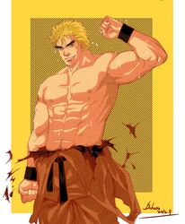  1boy abs amber_eyes baharu blonde_hair clenched_hands clothes_ripping date facial_scar king_of_fighters looking_to_the_side male_only muscular muscular_male nipples pecs raised_arm ryo_sakazaki safe signature simple_background smug snk solo_male sweating tagme wristbands 