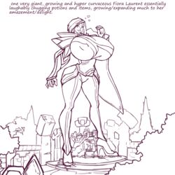  1girls big_breasts black_and_white breasts breasts_bigger_than_head cleavage female female_only fiora_laurent giantess growth heart high_heels huge_breasts league_of_legends macro monochrome n647 nipple_bulge nipples_visible_through_clothing potion riot_games short_hair sketch smile smiling solo summoner&#039;s_rift thin_waist voluptuous wide_hips 