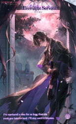  1boy artist_request black_cloak black_gloves black_hair black_pants black_shirt blood character_name church cloak closed_mouth commentary copyright_name dress_pants elias_(shining_nikki) english_commentary english_text evernight_servant_(shining_nikki) expressionless feet_out_of_frame flower full_moon gloves hair_over_one_eye highres holding_own_arm injury leaning_forward logo long_sleeves looking_at_viewer male_focus moon nikki_(series) official_art open_door pants petals plant_roots purple_cloak rain red_moon rose rose_petals second-party_source shining_nikki shirt short_hair solo torn_clothes tree two-sided_cloak two-sided_fabric wet white_flower white_rose yellow_eyes 