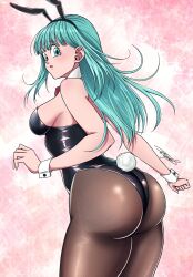  animal_ear_hairband animal_ears aqua_eyes aqua_hair ass bare_shoulders black_hairband black_leotard black_pantyhose blunt_bangs blush bow bowtie breasts bulma_briefs clenched_hand cowboy_shot detached_collar dragon_ball fake_animal_ears fake_tail female hair_behind_ear hairband highres kazehare_1216 leotard long_hair looking_at_viewer medium_breasts pantyhose parted_lips pink_background playboy_bunny rabbit_tail red_bow red_bowtie sideboob signature solo strapless strapless_leotard tail thighs white_wrist_cuffs wrist_cuffs 