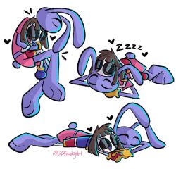  anthro closed_eyes clothing cuddling ddfreakyart duo female glitch_productions hair hand_grab heart_symbol hi_res hug hugging_another hugging_from_behind humanoid jax_(tadc) lagomorph larger_male leporid male mammal messy_hair one_eye_half-closed pomni_(tadc) rabbit resting_on_arms resting_on_partner shirt size_difference sleeping smaller_female sound_effects t-shirt the_amazing_digital_circus topwear vowelless vowelless_sound_effect zzz 