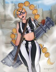  1girls beast_pirates blonde_hair cigarette female female_only first_porn_of_character funky gatling_gun glasses goth gun holding_object holding_weapon long_hair magikeel one_piece outdoors overalls queen queen_(one_piece) rule_63 smoking solo striped_clothing striped_legwear striped_topwear thick_thighs thigh_highs weapon 