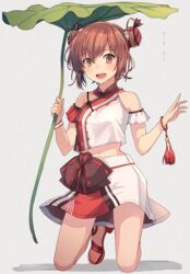  bare_shoulders blush bow bracelet brown_eyes brown_hair bun_cover chinese_clothes collarbone commentary double_bun female grey_background hair_between_eyes hair_bun hair_ornament high_heels highres holding holding_leaf jewelry kantai_collection kasumi_(skchkko) kneeling leaf leaf_umbrella midriff navel open_mouth sandals shirt short_hair simple_background skirt smile solo strappy_heels tan_yang_(kancolle) white_shirt white_skirt yukikaze_(kancolle) 