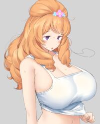  aikatsu! aikatsu!_(series) bad_id bad_pixiv_id breasts cleavage female grey_background himesato_maria large_breasts long_hair mukuba navel orange_hair purple_eyes sleeveless solo sweat tank_top upper_body white_tank_top 