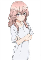  blush breasts collarbone cowboy_shot crossed_arms crossed_bangs female hair_between_eyes highres inui_sajuna long_hair looking_at_viewer nnyu oversized_clothes oversized_shirt pink_eyes pink_hair shirt simple_background small_breasts solo sono_bisque_doll_wa_koi_wo_suru sweatdrop t-shirt white_background white_shirt 