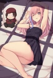  act_(xadachit) armpits arms_up bare_legs bare_shoulders black_camisole black_dress camisole cellphone collarbone commentary dress female girls&#039;_frontline hair_between_eyes highres long_hair looking_at_viewer lying multicolored_hair one_eye_closed parted_lips phone pillow pink_hair purple_eyes solo spaghetti_strap st_ar-15_(girls&#039;_frontline) streaked_hair window_shadow 