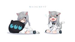  :t amashiro_natsuki animal_ears black_footwear blue_eyes blush_stickers cat_ears cat_girl cat_tail character_name closed_eyes closed_mouth collared_dress dress female grey_hair hair_ornament half-closed_eyes indie_virtual_youtuber long_hair long_sleeves multiple_views nachoneko oerba_yun_fang open_mouth shadow sleeves_past_wrists slippers socks striped_clothes striped_socks tail tears very_long_hair virtual_youtuber wavy_mouth white_background white_dress yawning 