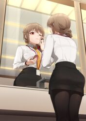  applying_makeup bags_under_eyes black_pantyhose black_skirt bra_visible_through_clothes braid brown_hair closed_mouth commentary compact_(cosmetics) dress_shirt female frown hair_ornament hair_scrunchie highres holding holding_compact id_card idolmaster idolmaster_cinderella_girls indoors kamille_(vcx68) lanyard long_sleeves medium_hair miniskirt mirror necktie office_lady one_eye_closed pantyhose pencil_skirt red_eyes red_scrunchie reflection scrunchie see-through senkawa_chihiro shirt skirt solo standing watch white_shirt wing_collar wristwatch yellow_necktie 