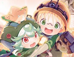  2girls blonde_hair brown_gloves brown_headwear coat creature creature_on_head cropped curly_hair glasses gloves glowing green_coat green_eyes green_gloves green_headwear hat headlamp helmet hosoi_mieko lolicon made_in_abyss meinya_(made_in_abyss) multiple_girls open_mouth prushka red_eyes riko_(made_in_abyss) shirt short_hair teeth whistle whistle_around_neck white_hair white_shirt 