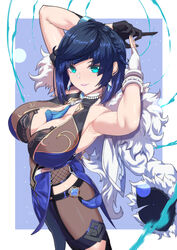  absurdres armpits arms_behind_head arms_up asymmetrical_gloves bare_shoulders black_hair black_pants blue_dress blue_hair blush bob_cut breasts cleavage cleavage_cutout clothing_cutout diagonal_bangs dice dress earrings female fur-trimmed_jacket fur_trim genshin_impact gloves green_eyes highres jacket jacket_on_shoulders jewelry large_breasts long_sleeves looking_at_viewer mismatched_gloves mole mole_on_breast multicolored_hair neck_ring pants pelvic_curtain pendant short_hair solo tassel thighs tight_clothes tight_pants torahime_(roland00) two-tone_hair vision_(genshin_impact) white_jacket yelan_(genshin_impact) 