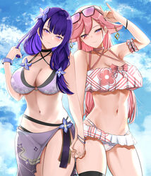  2girls absurdres alternate_costume animal_ears arm_garter arm_up bangle bare_arms bare_shoulders bikini bikini_skirt black-framed_eyewear black_choker black_thighhighs blue_sky blush bracelet breasts choker cleavage closed_mouth cloud cowboy_shot criss-cross_halter day earrings eyes_visible_through_hair eyewear_on_head floppy_ears floral_print flower fox_ears fox_shadow_puppet frilled_bikini frills genshin_impact hair_flower hair_ornament hair_over_shoulder halterneck hand_up highres holding holding_hands holding_own_hair jewelry large_breasts long_hair looking_at_viewer multiple_girls navel o-ring o-ring_top outdoors pink_choker ponytail purple_bikini purple_eyes purple_hair raiden_shogun sidelocks sky smile stomach swimsuit thighhighs thighs tian_kazuki white_bikini wristband yae_miko 