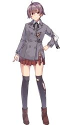  black_thighhighs brown_eyes brown_footwear buttons coat female full_body grey_coat hair_between_eyes kantai_collection konishi_(koconatu) long_sleeves official_art over-kneehighs pleated_skirt purple_hair red_skirt sakawa_(kancolle) shoes short_hair skirt solo standing tachi-e thighhighs transparent_background 