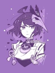  ahoge bob_cut breast_curtain closed_mouth commentary detached_sleeves english_commentary expressionless female genshin_impact knot kujou_sara looking_to_the_side mask mask_on_head monochrome purple_theme sandragh short_hair sidelocks solo tassel twitter_username upper_body 