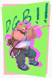  absurd_res anthro belly belt brown_body brown_fur clothing crave_saga electronics fur gabu_(crave_saga) green_eyes heylaw21 hi_res male microphone overweight overweight_male pink_clothing singing solo thinking 